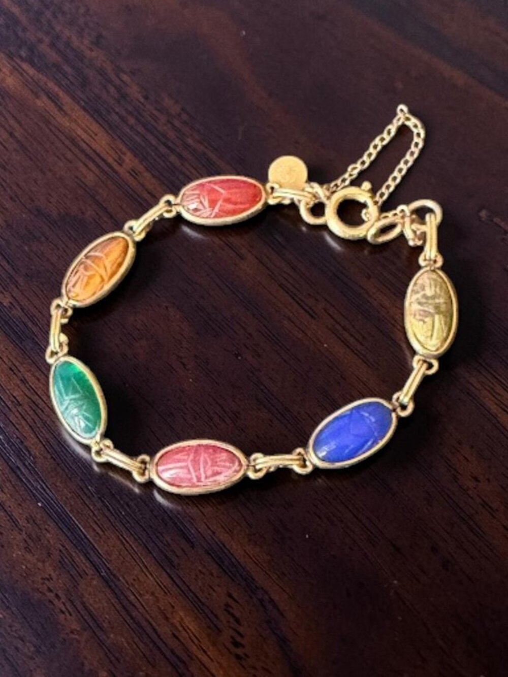 Vintage Candida 12KGF Egyptian Scarab Bracelet Real Carved Gemstones